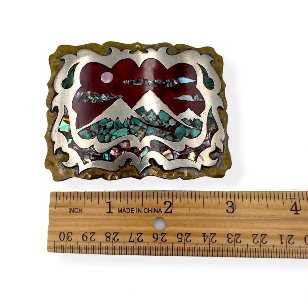 VTG Southwestern Mountain Landscape Turquoise Abalone Chip Inlay Belt Buckle